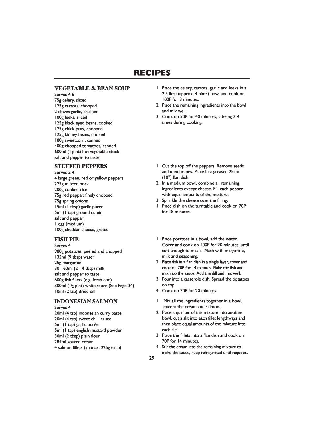 Sharp R-259 operation manual Vegetable & Bean Soup, Stuffed Peppers, Fish Pie, Indonesian Salmon, Recipes 