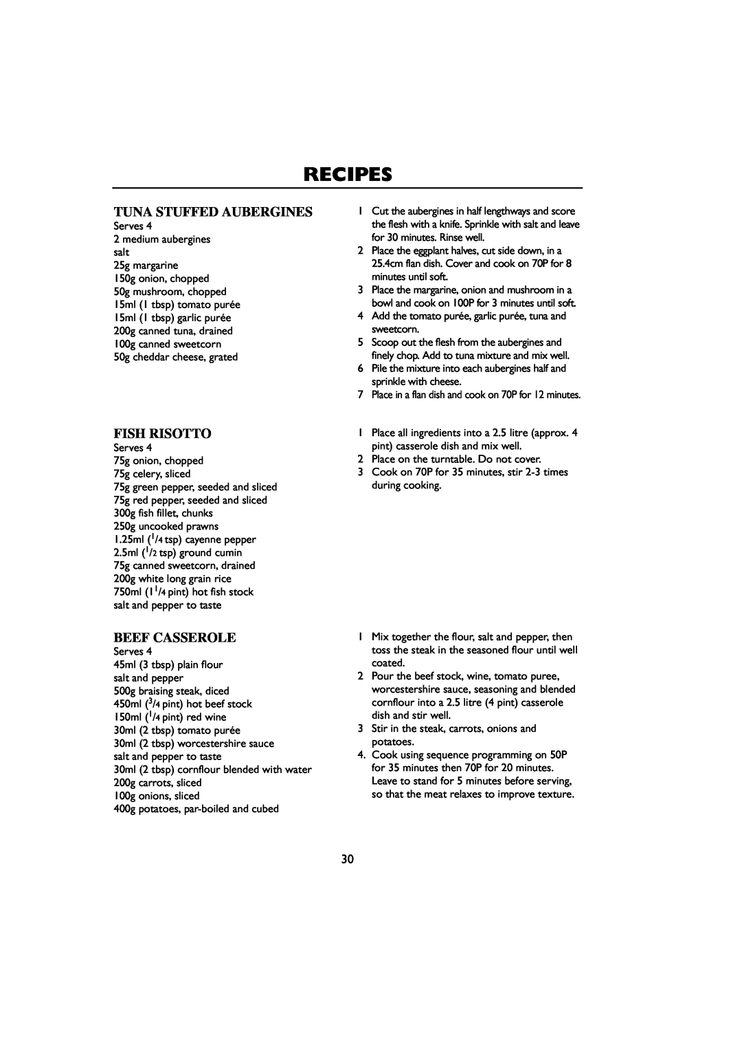 Sharp R-259 operation manual Tuna Stuffed Aubergines, Fish Risotto, Beef Casserole, Recipes 