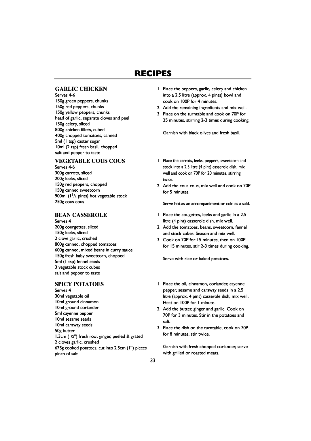 Sharp R-259 operation manual Garlic Chicken, Vegetable Cous Cous, Bean Casserole, Spicy Potatoes, Recipes 
