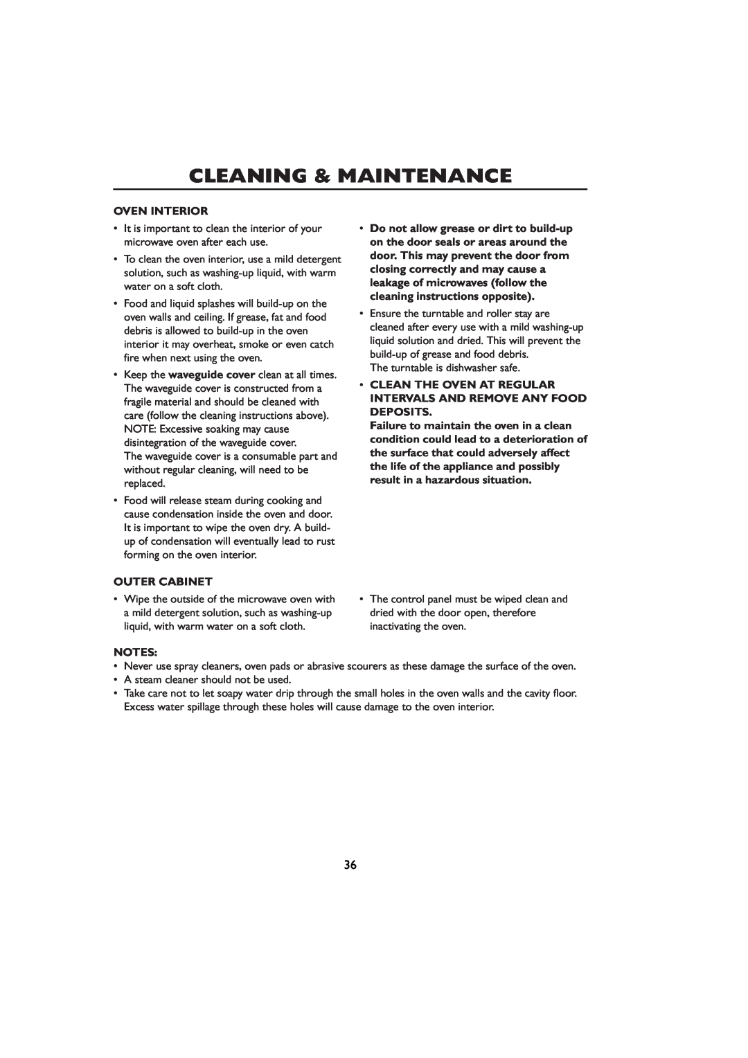 Sharp R-259 operation manual Cleaning & Maintenance, Oven Interior, Outer Cabinet 