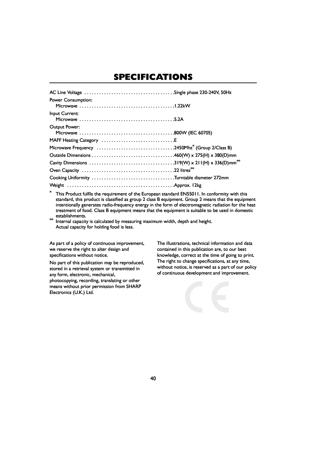 Sharp R-259 operation manual Specifications 
