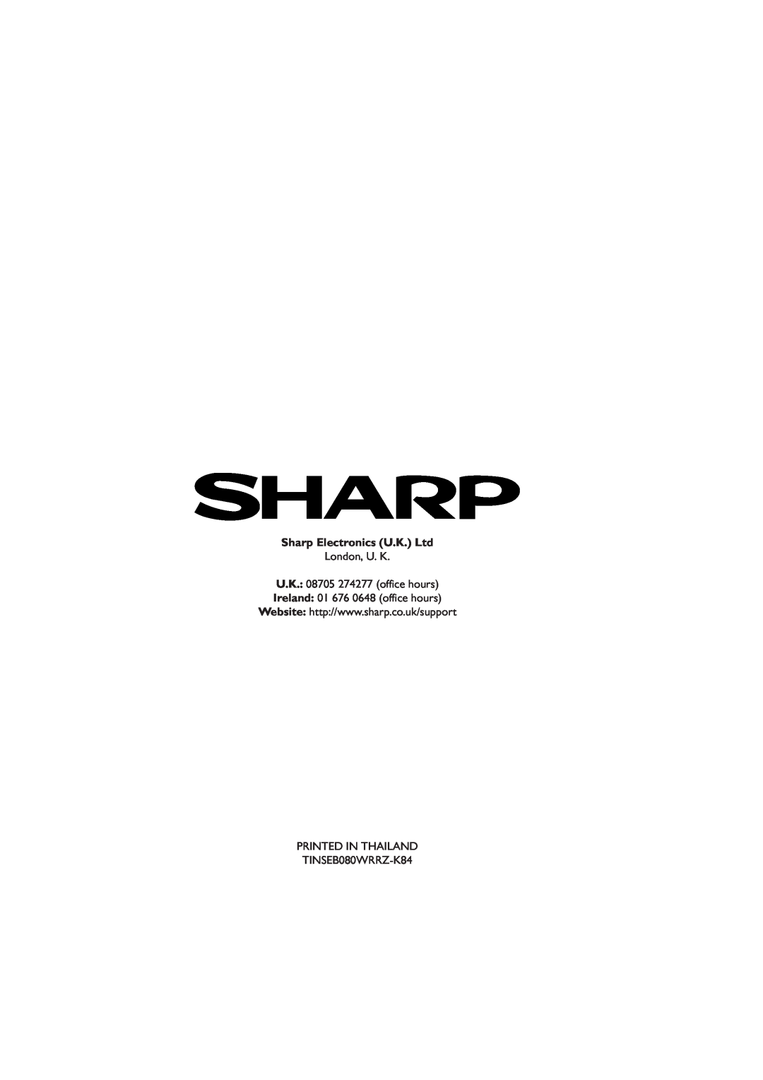Sharp R-259 operation manual London, U. K U.K. 08705 274277 office hours, Ireland 01 676 0648 office hours 