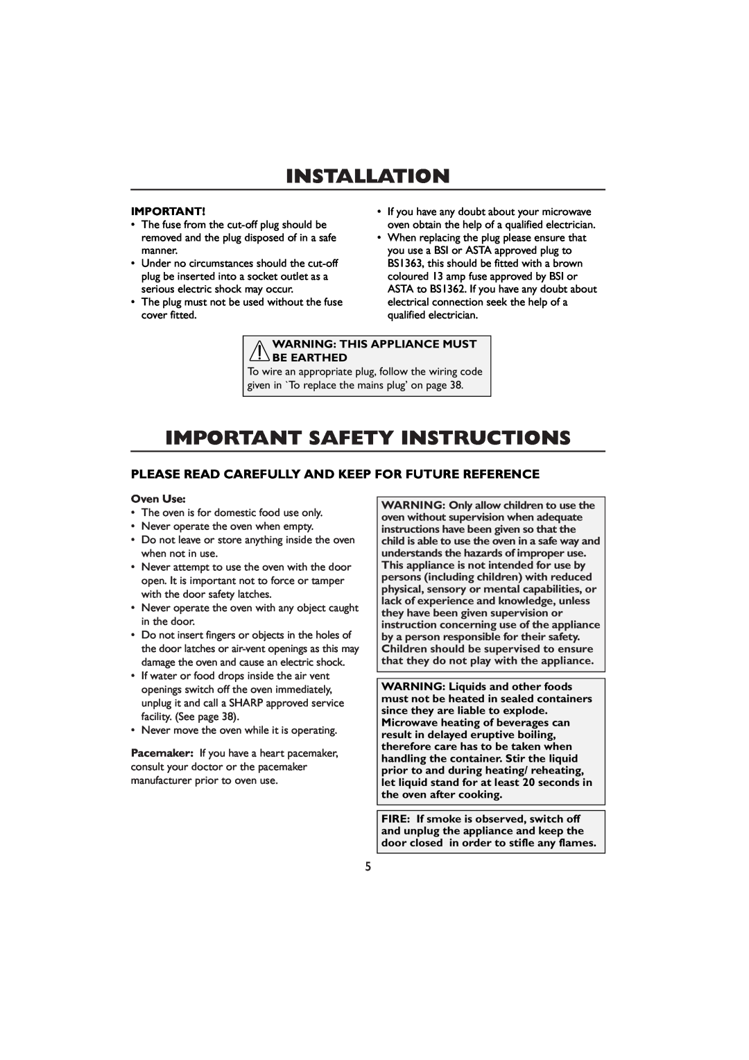 Sharp R-259 operation manual Important Safety Instructions, Warning This Appliance Must Be Earthed, Oven Use, Installation 