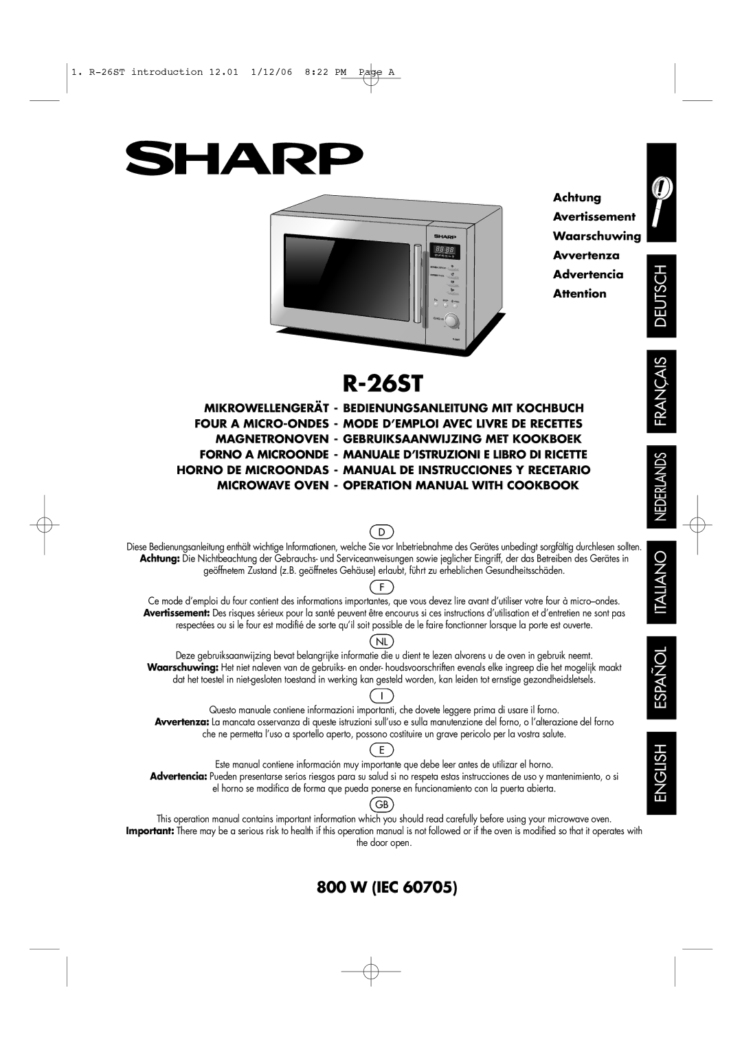 Sharp R-26ST manual Achtung Avertissement Waarschuwing Avvertenza Advertencia 