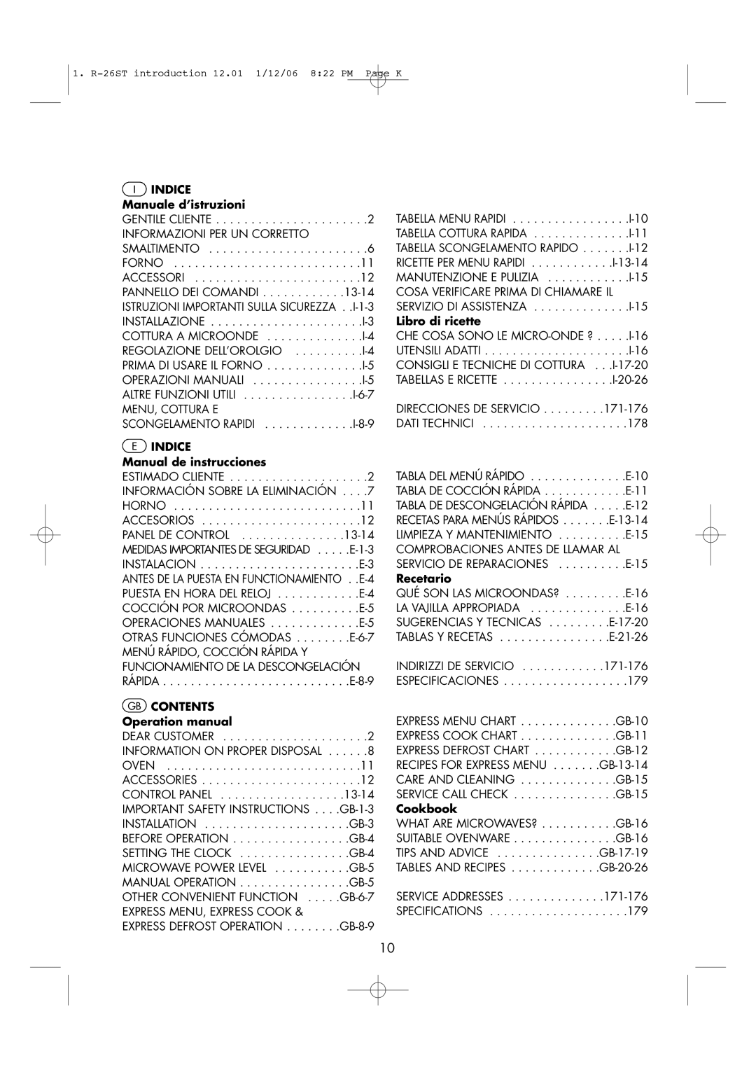 Sharp R-26ST manual Indice, GB Contents 