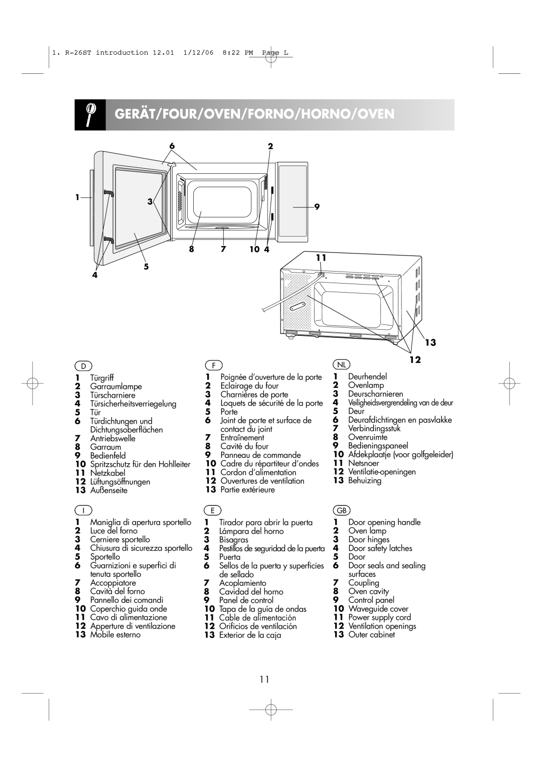 Sharp R-26ST manual Gerät/Four/Oven/Forno/Horno/Oven, Eclairage du four Charnières de porte 