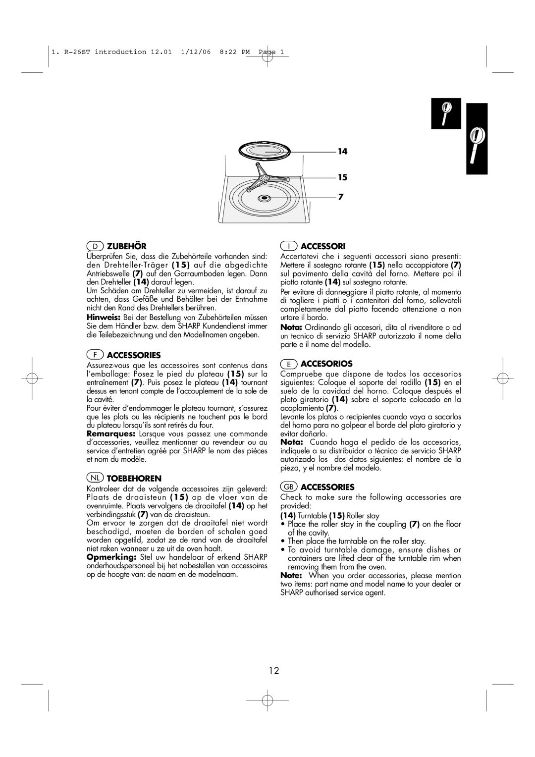 Sharp R-26ST manual Zubehör, NL Toebehoren, Accesorios, GB Accessories 