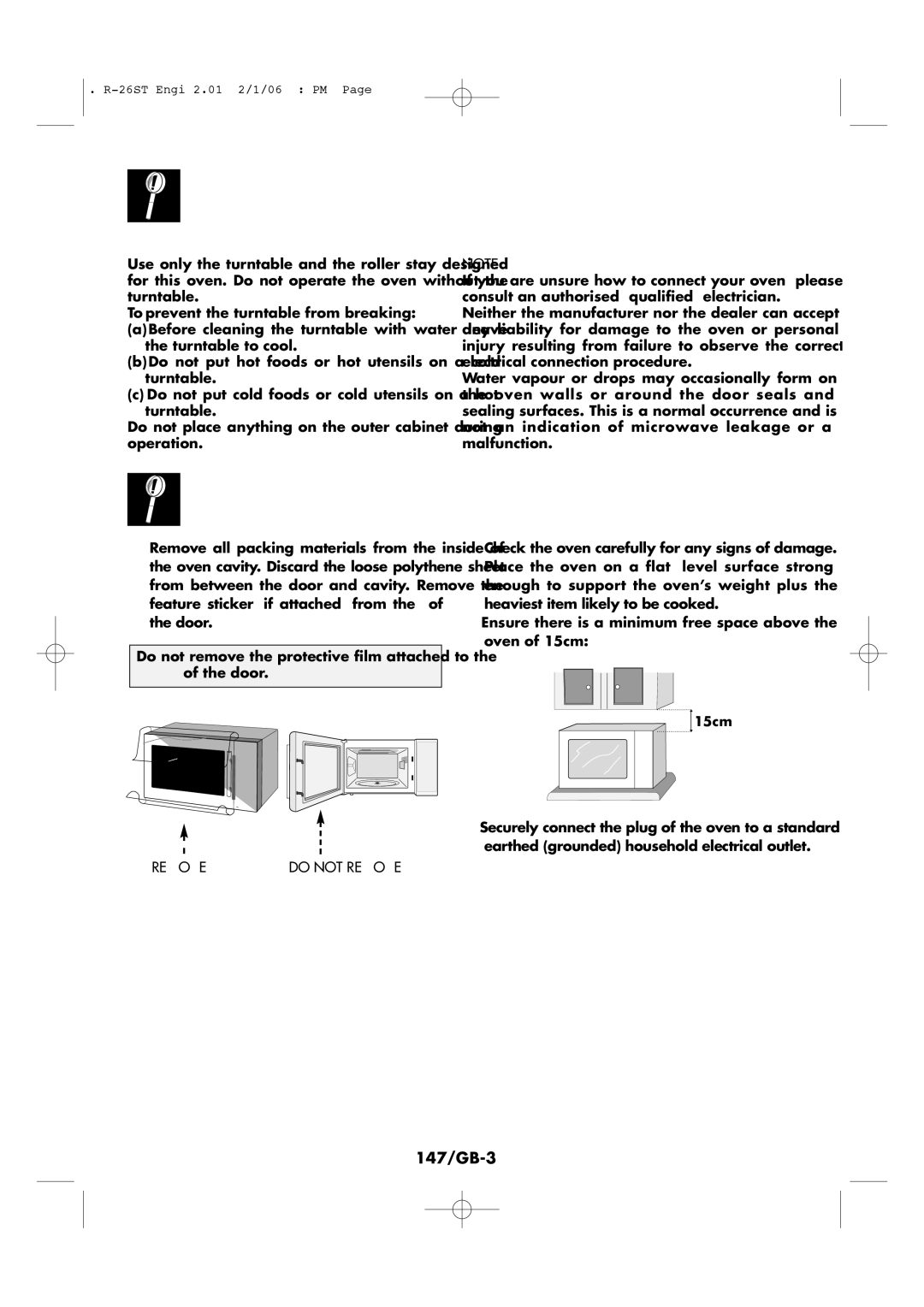 Sharp R-26ST manual Installation, 147/GB-3, Remove Do not Remove 