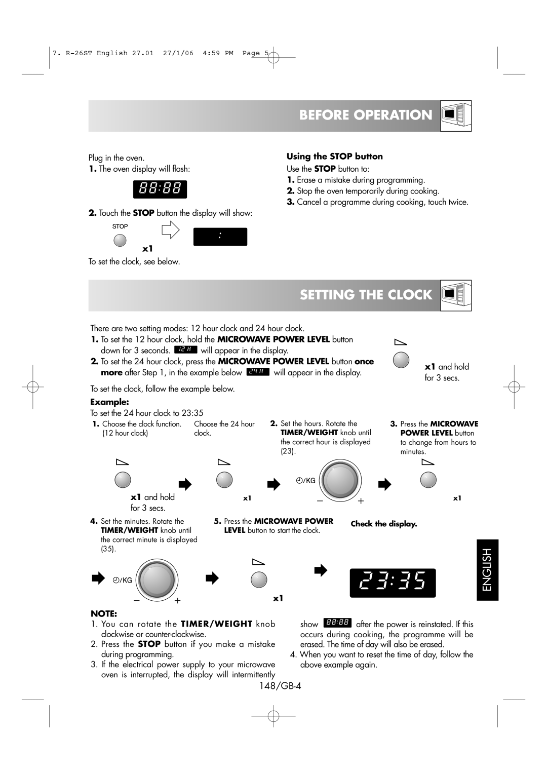 Sharp R-26ST manual Before Operation, Setting the Clock, 148/GB-4, Using the Stop button, Example 