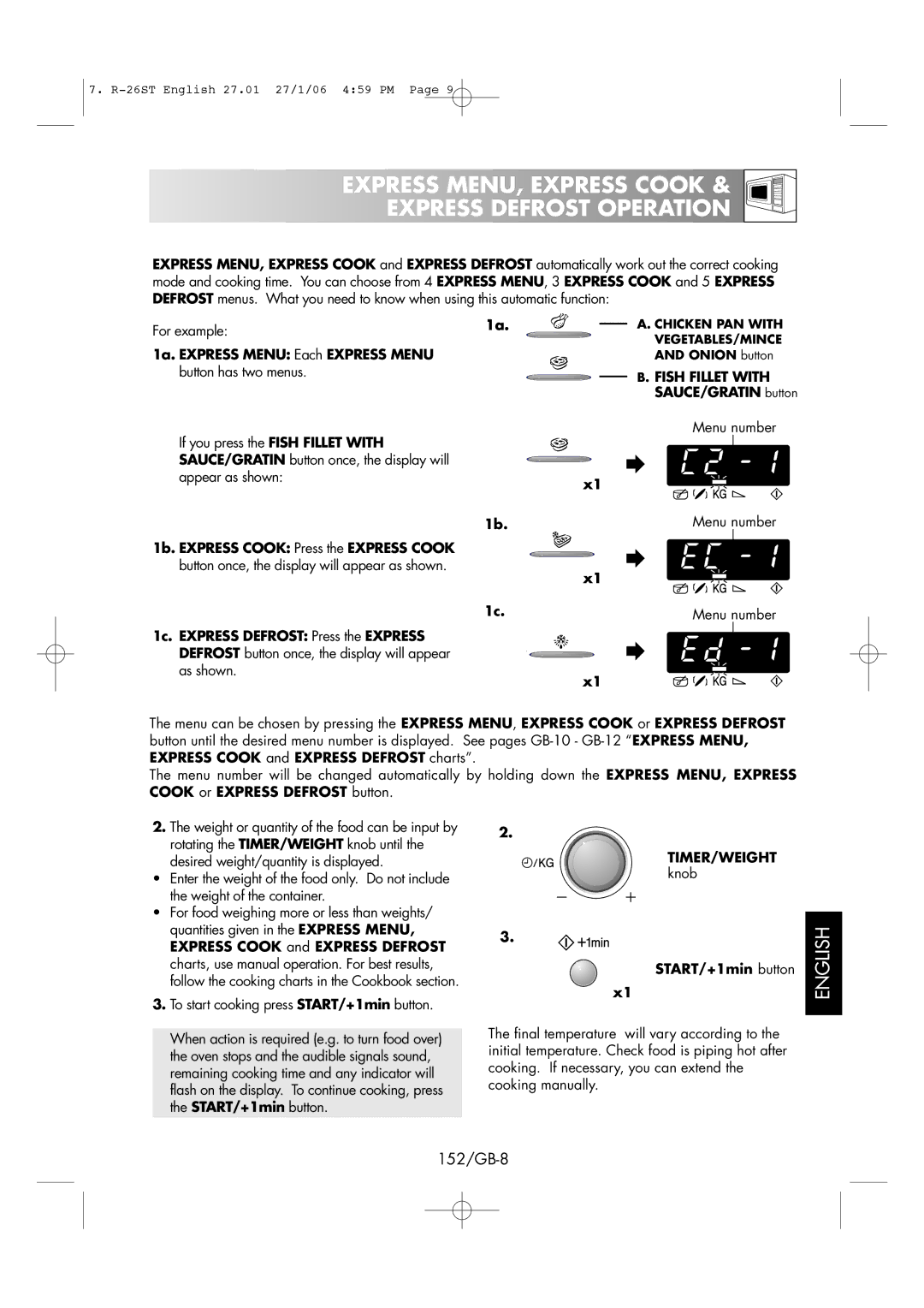 Sharp R-26ST manual Express MENU, Express Cook Express Defrost Operation, 152/GB-8, Fish Fillet with 