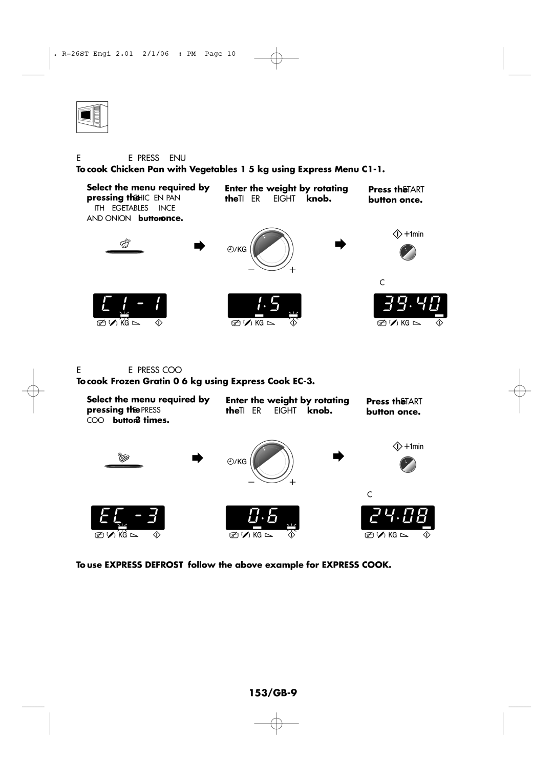 Sharp R-26ST manual Express MENU, Express Cook & Express Defrost Operation, 153/GB-9, Example 1 for Express Menu 