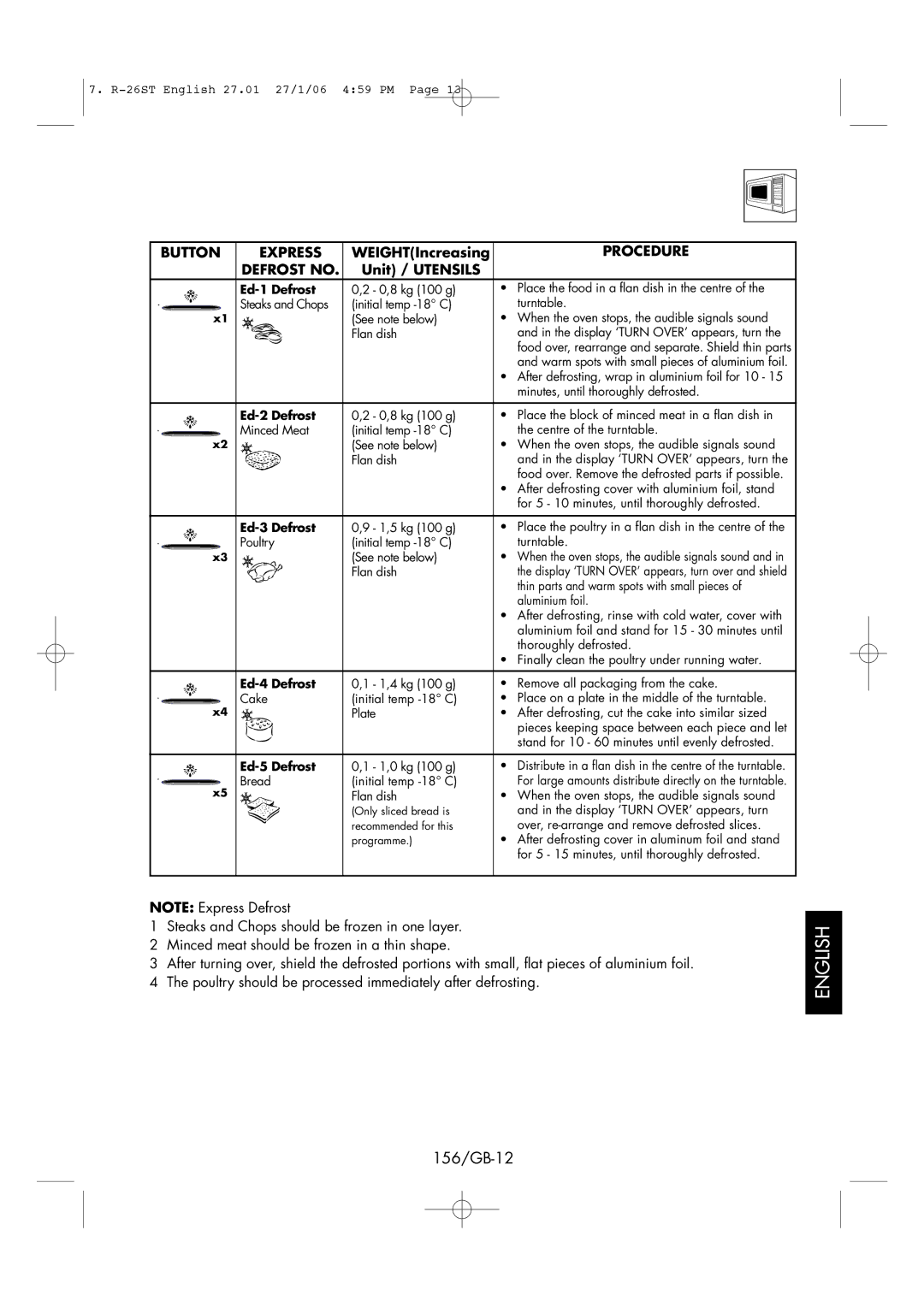 Sharp R-26ST manual Express Defrost Chart, 156/GB-12, WEIGHTIncreasing, Defrost no 