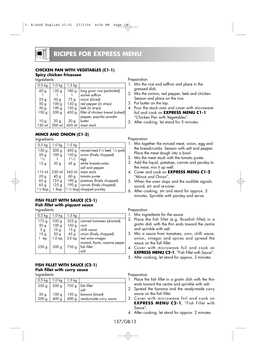 Sharp R-26ST manual Ricipes for Express Menu, 157/GB-13, Mince and Onion C1-2, Fish Fillet with Sauce C2-1 