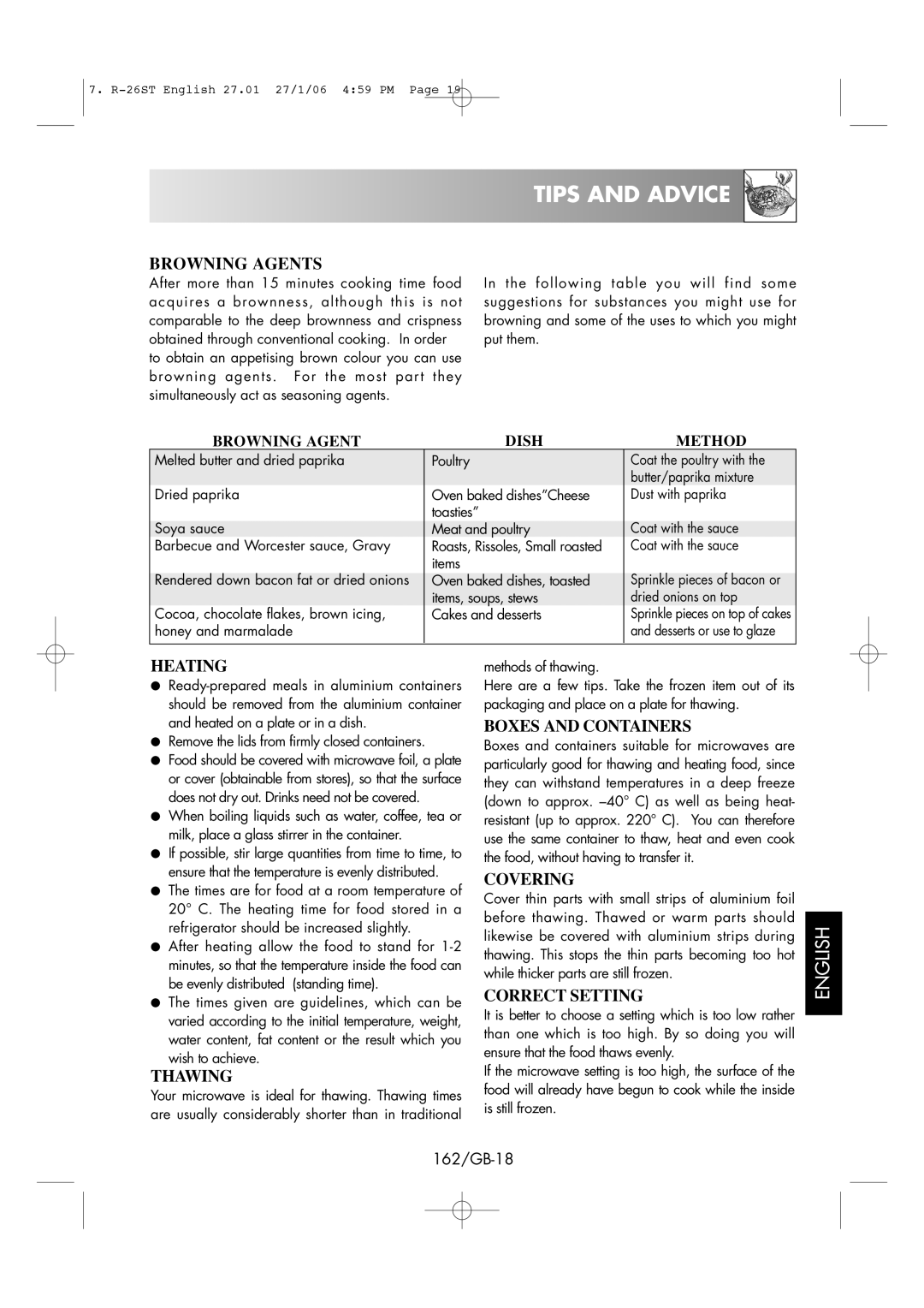 Sharp R-26ST manual Browning Agents, Heating, Thawing, Boxes and Containers, Correct Setting 