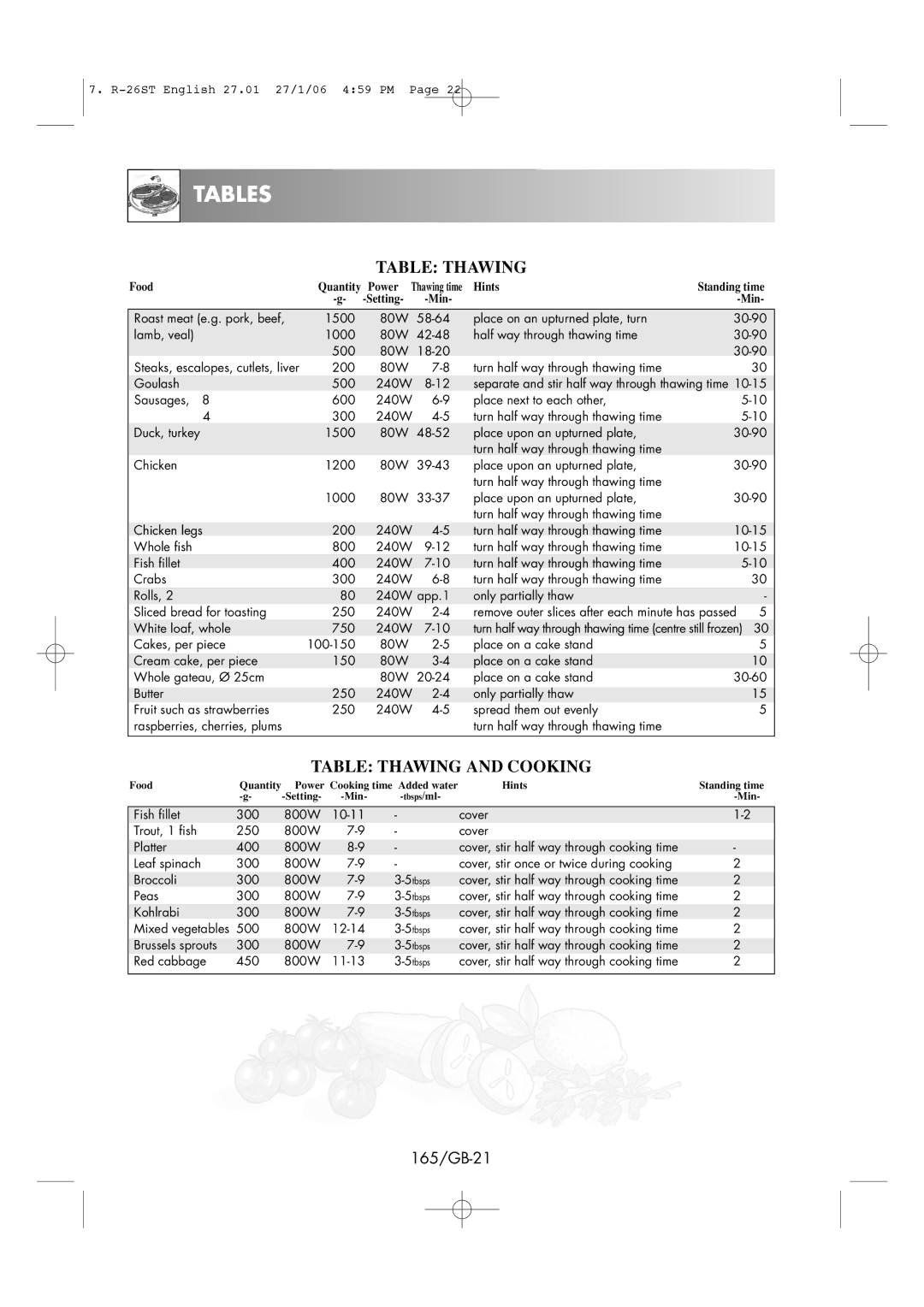 Sharp R-26ST manual Table Thawing and Cooking, 165/GB-21 