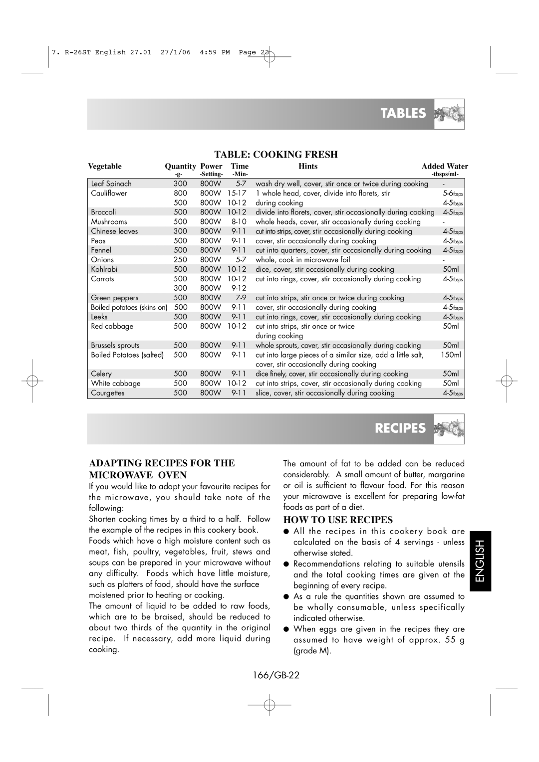 Sharp R-26ST manual Table Cooking Fresh, Adapting Recipes for the Microwave Oven, HOW to USE Recipes, 166/GB-22 