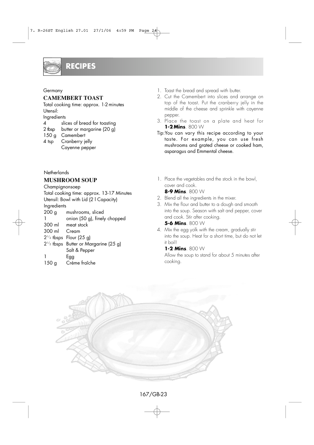 Sharp R-26ST manual Camembert Toast, 167/GB-23, Mins W 