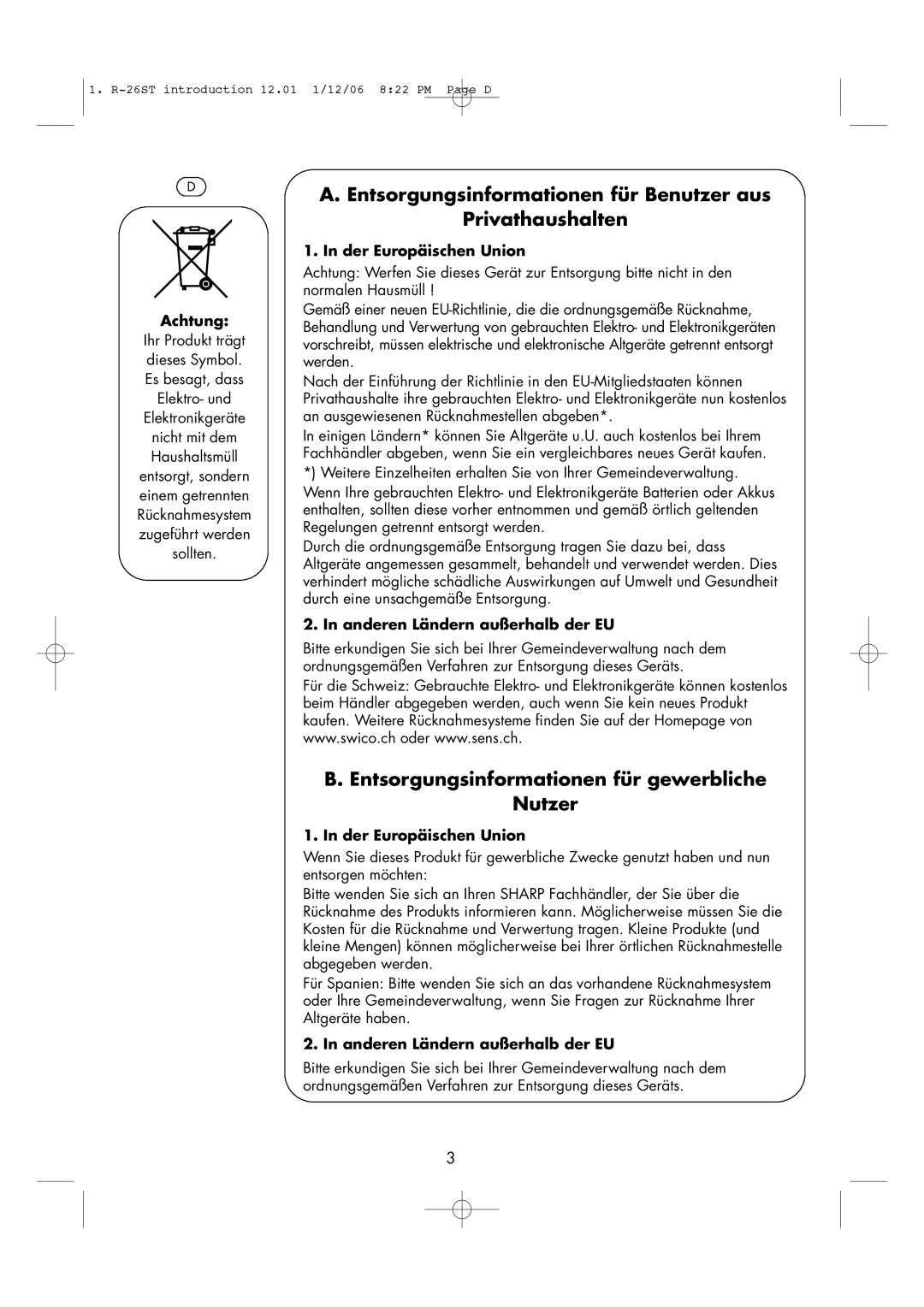 Sharp R-26ST manual Achtung, Der Europäischen Union, Anderen Ländern außerhalb der EU 