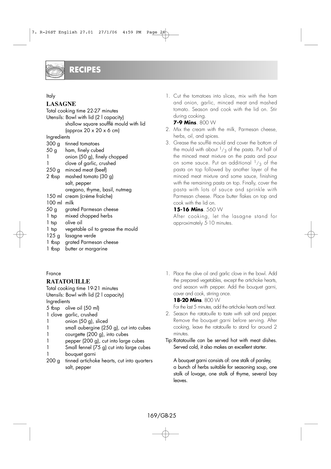 Sharp R-26ST manual Lasagne, Ratatouille, 169/GB-25, Italy 