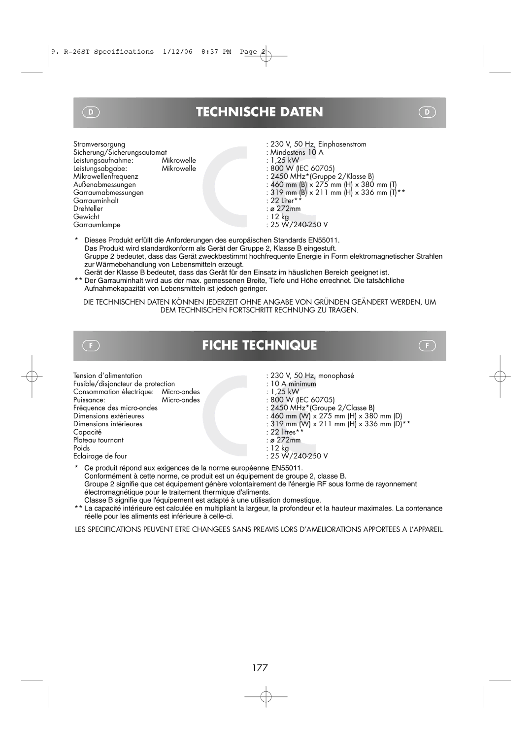 Sharp R-26ST manual Fiche, 177 