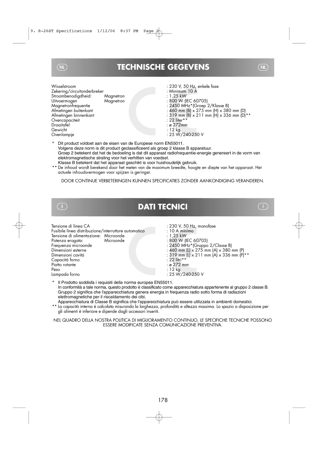 Sharp R-26ST manual Dati, 178 