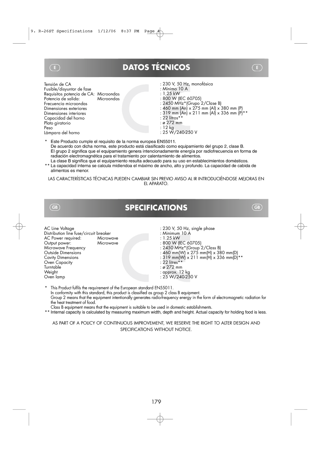 Sharp R-26ST manual Gbspecifications, 179 