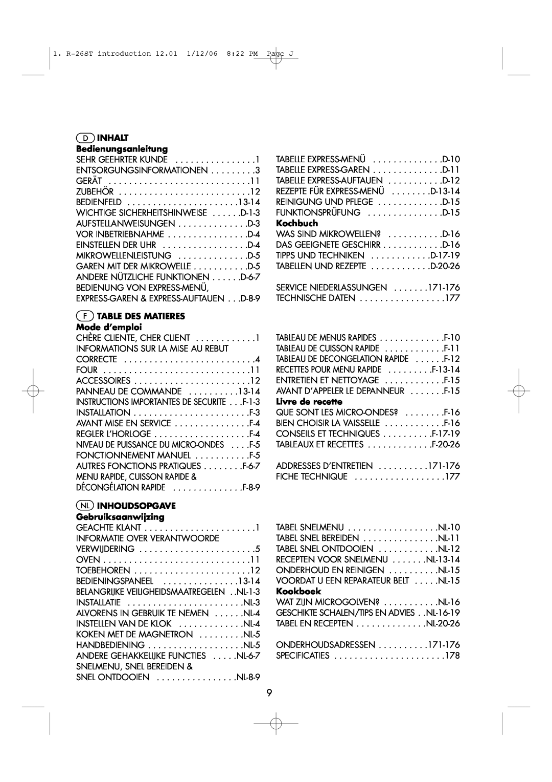 Sharp R-26ST manual D INHALT Bedienungsanleitung, F TABLE DES MATIERES Mode d’emploi, NL INHOUDSOPGAVE Gebruiksaanwijzing 