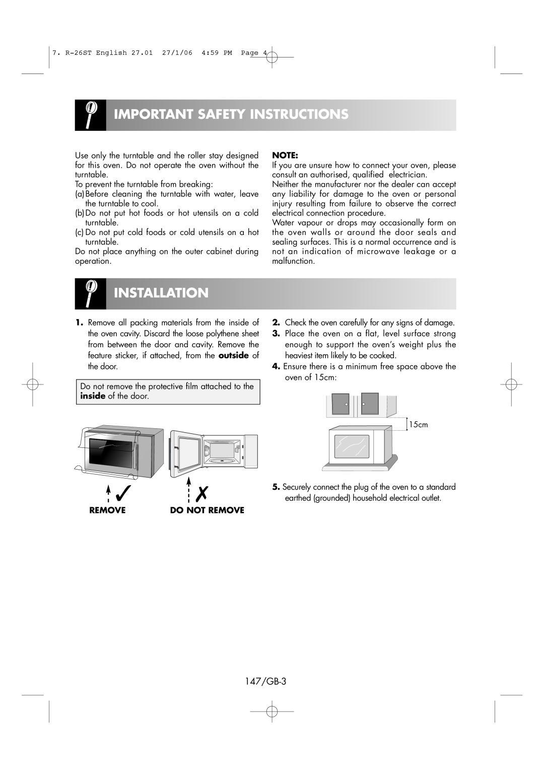 Sharp R-26ST manual Installation, Important Safety Instructions, 147/GB-3, Do Not Remove 