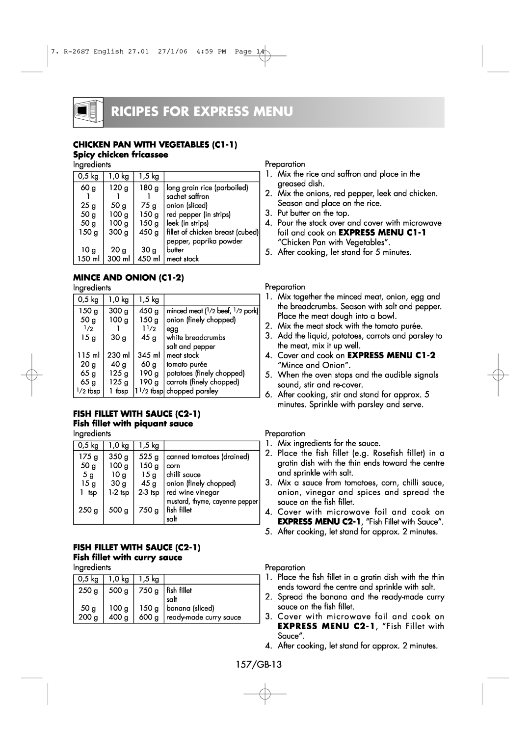 Sharp R-26ST manual Ricipes For Express Menu, 157/GB-13 