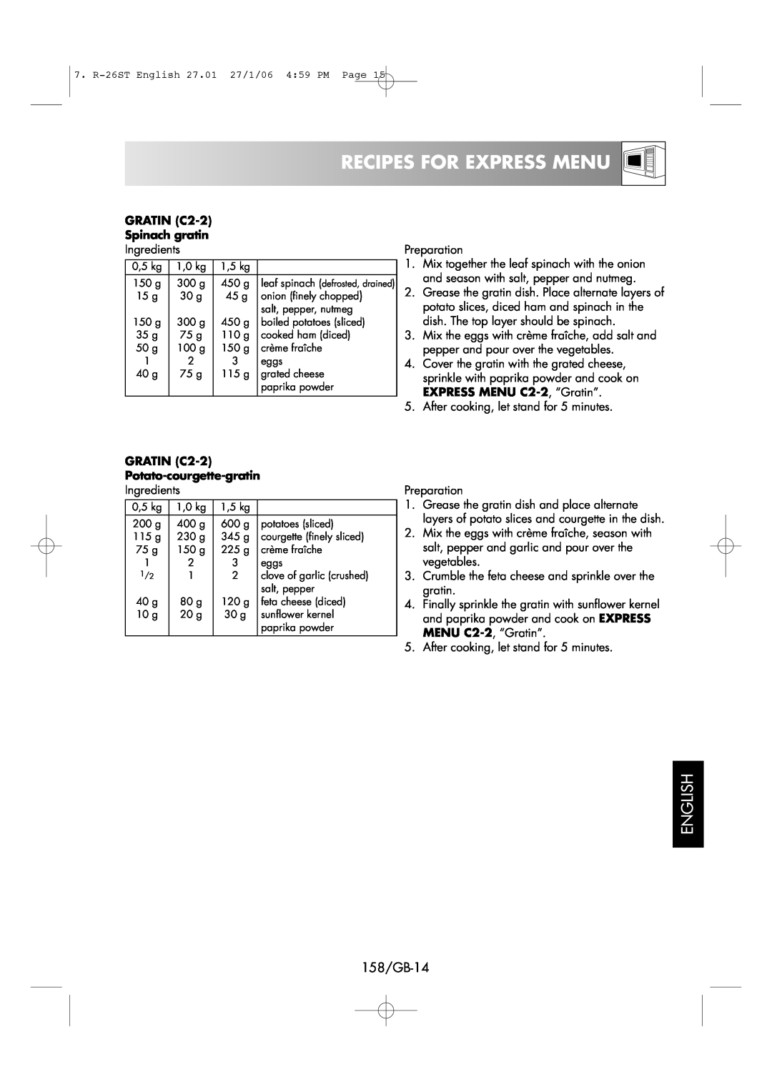 Sharp R-26ST manual Recipes For Express Menu, English, 158/GB-14 