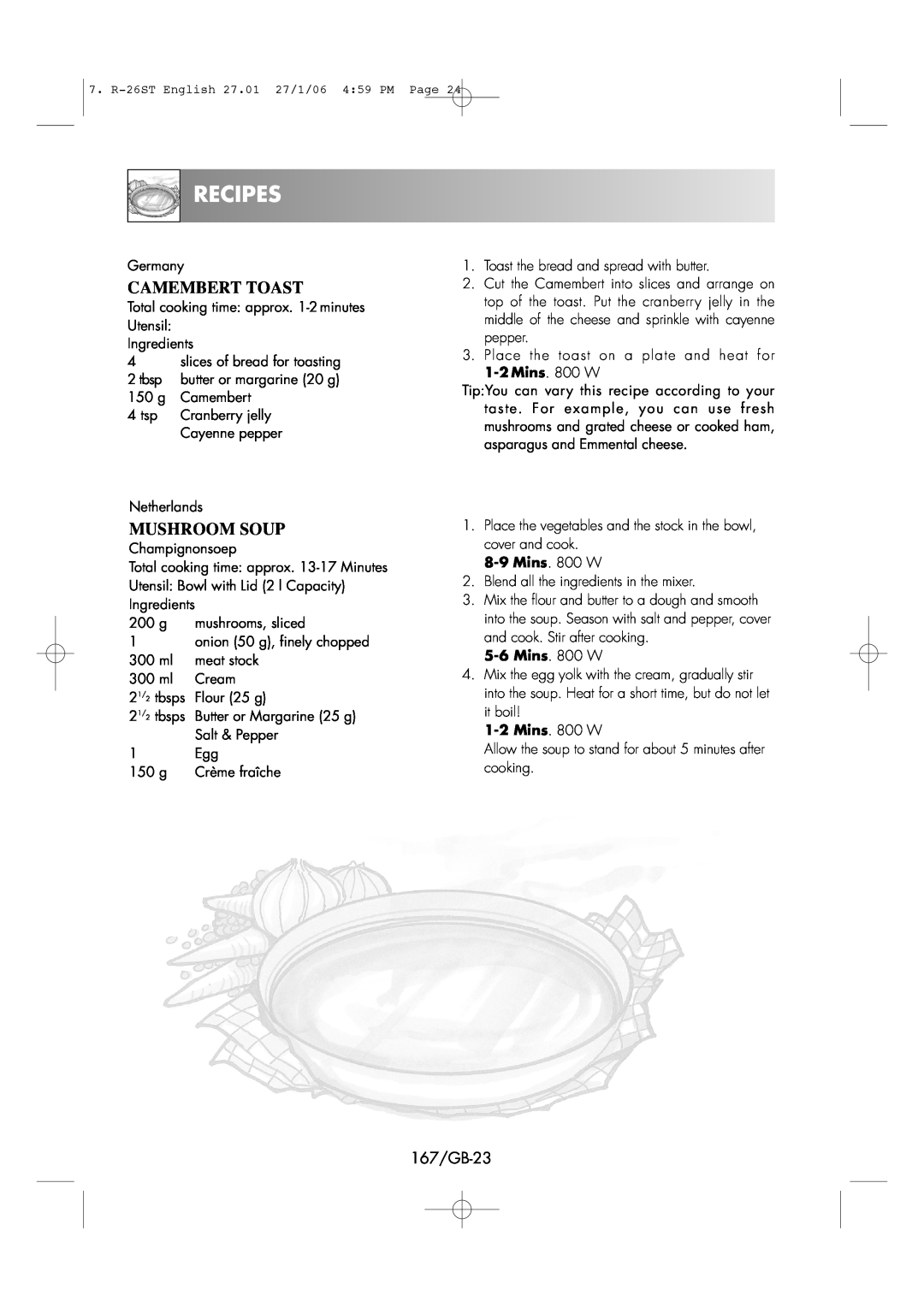 Sharp R-26ST manual Camembert Toast, Recipes, 167/GB-23 