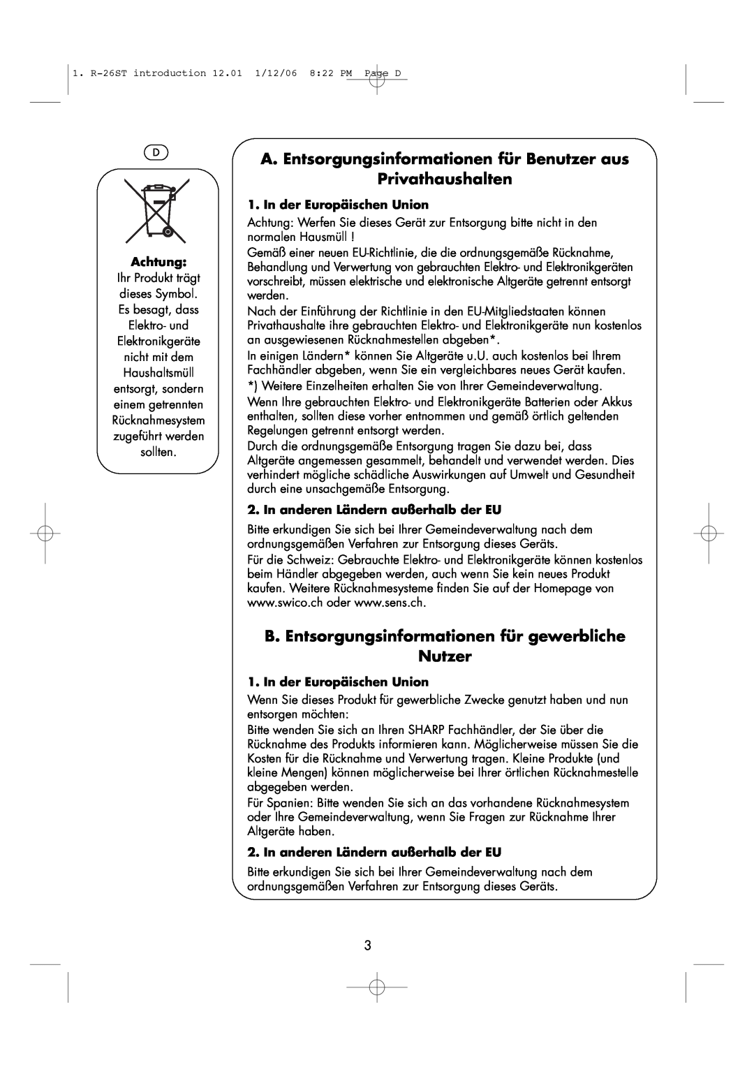Sharp R-26ST manual A. Entsorgungsinformationen für Benutzer aus Privathaushalten, Achtung, In der Europäischen Union 