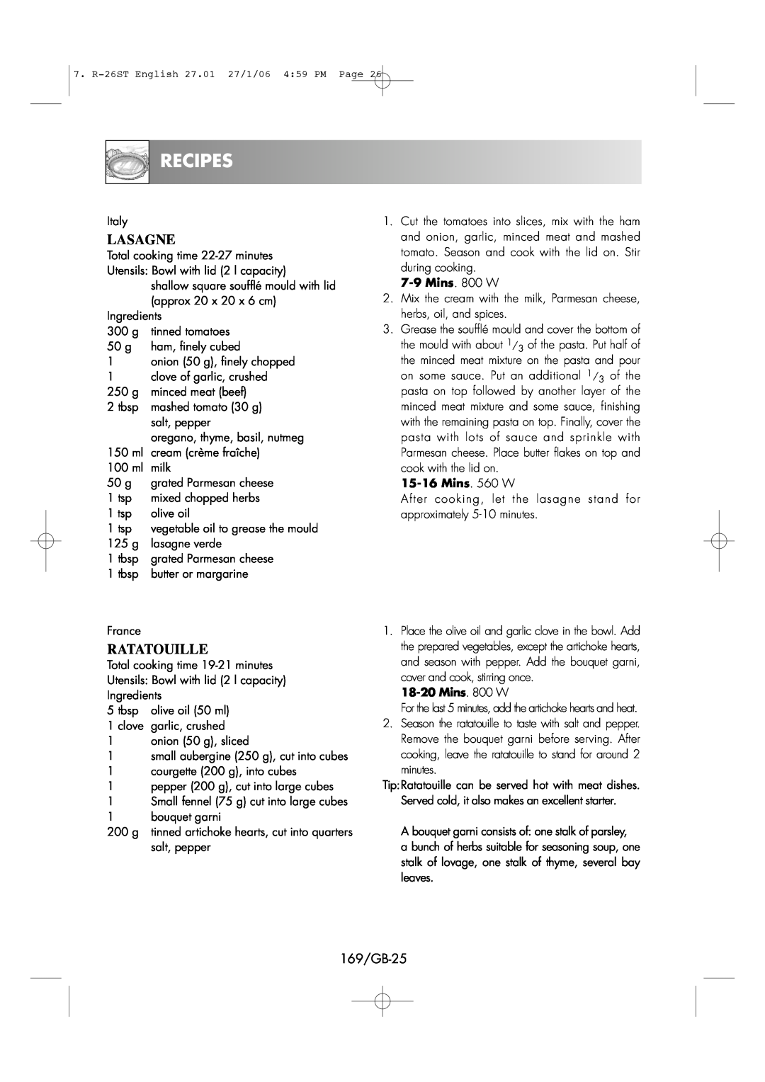 Sharp R-26ST manual Lasagne, Ratatouille, Recipes, 169/GB-25 