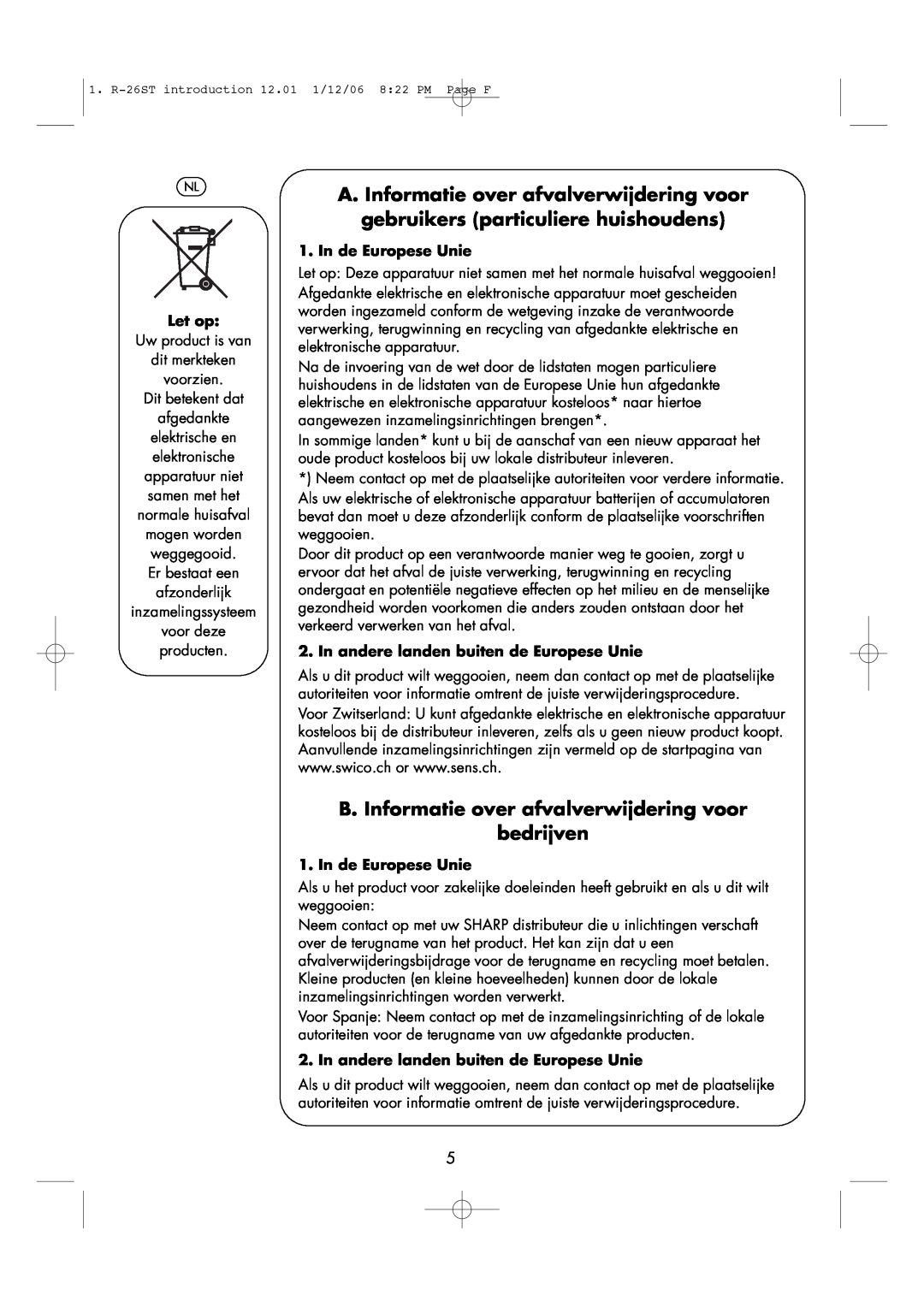 Sharp R-26ST A. Informatie over afvalverwijdering voor, gebruikers particuliere huishoudens, Let op, In de Europese Unie 