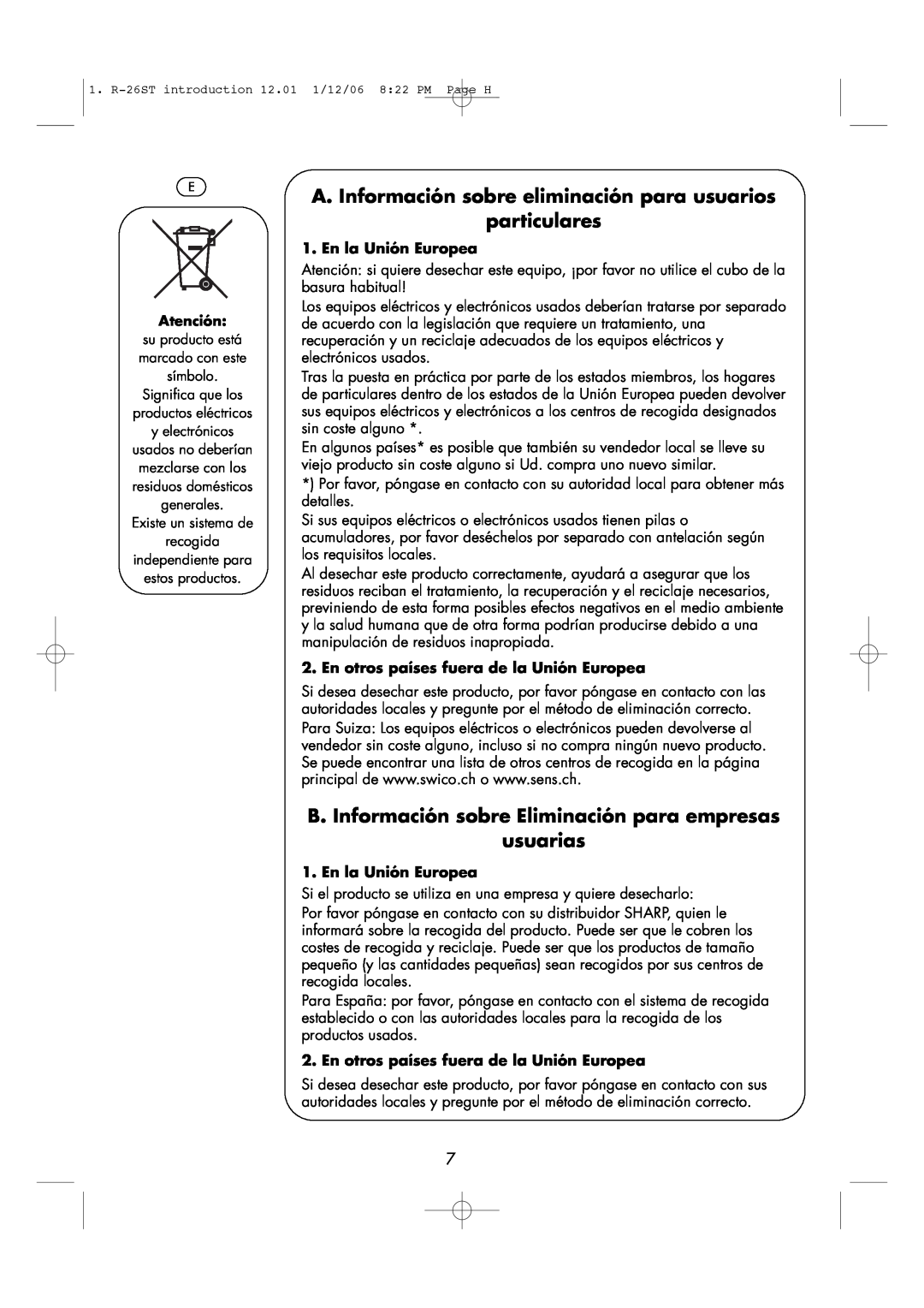 Sharp R-26ST manual A. Información sobre eliminación para usuarios particulares, En la Unión Europea 