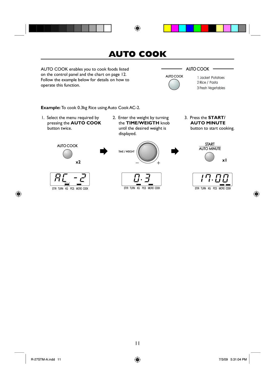 Sharp R-27STM-A manual Auto Cook, TIME/WEIGTH knob, Auto Minute 