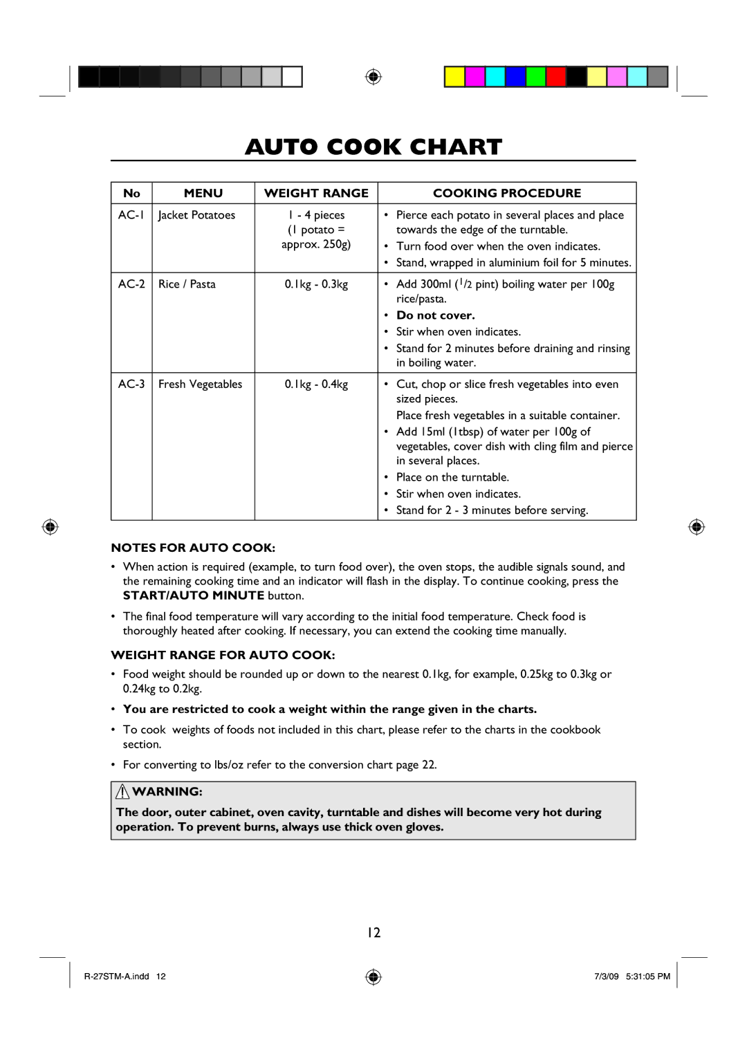 Sharp R-27STM-A manual Auto Cook Chart, Menu Weight Range Cooking Procedure, Do not cover, Weight Range for Auto Cook 