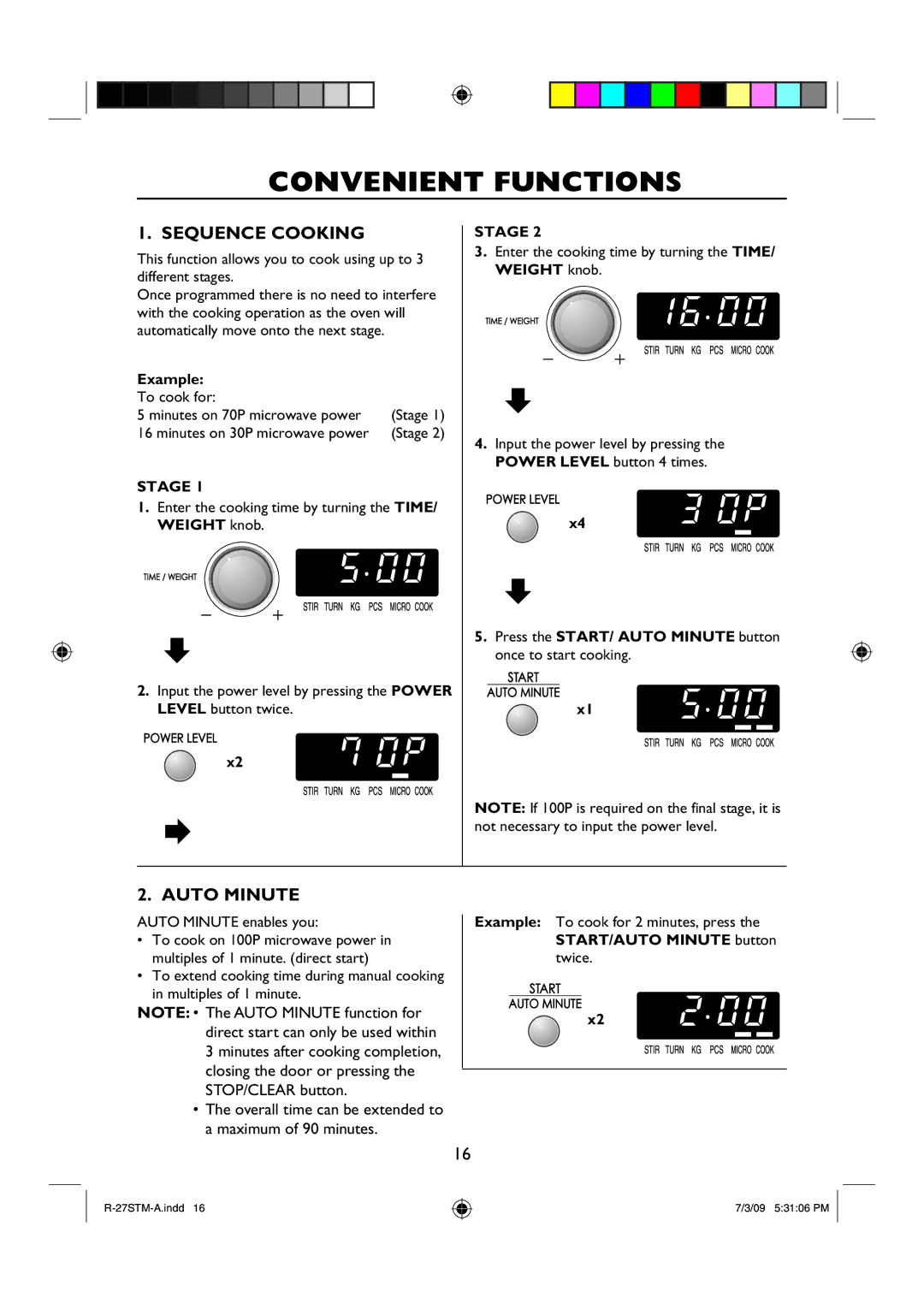 Sharp R-27STM-A manual Convenient Functions, Stage, Press the START/ Auto Minute button once to start cooking 