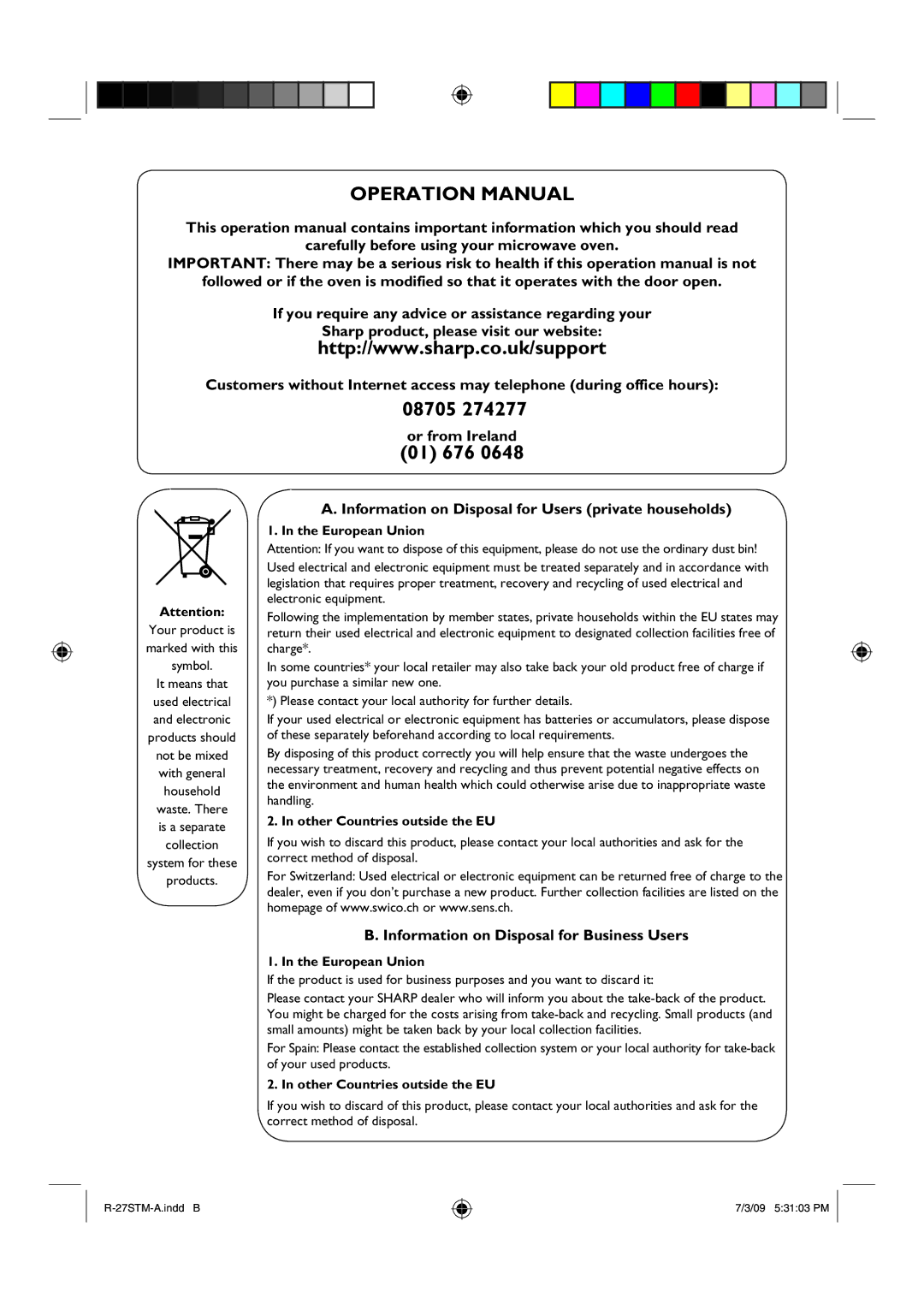 Sharp R-27STM-A manual Or from Ireland, Information on Disposal for Users private households 