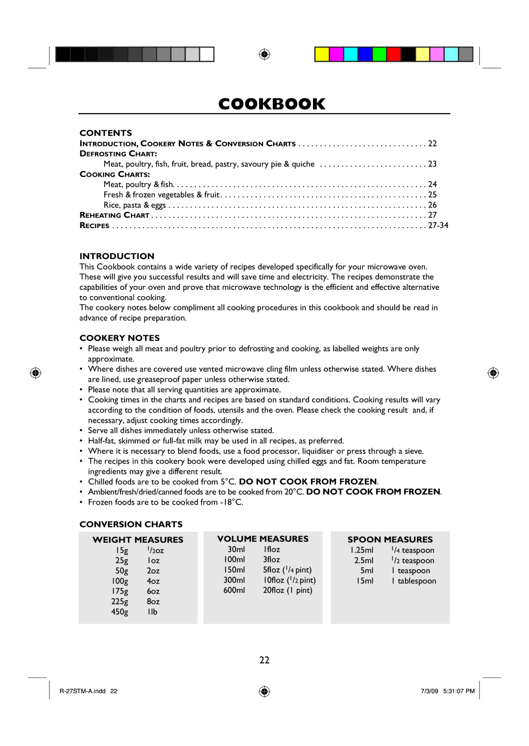 Sharp R-27STM-A manual Cookbook, Contents, Introduction, Cookery Notes 