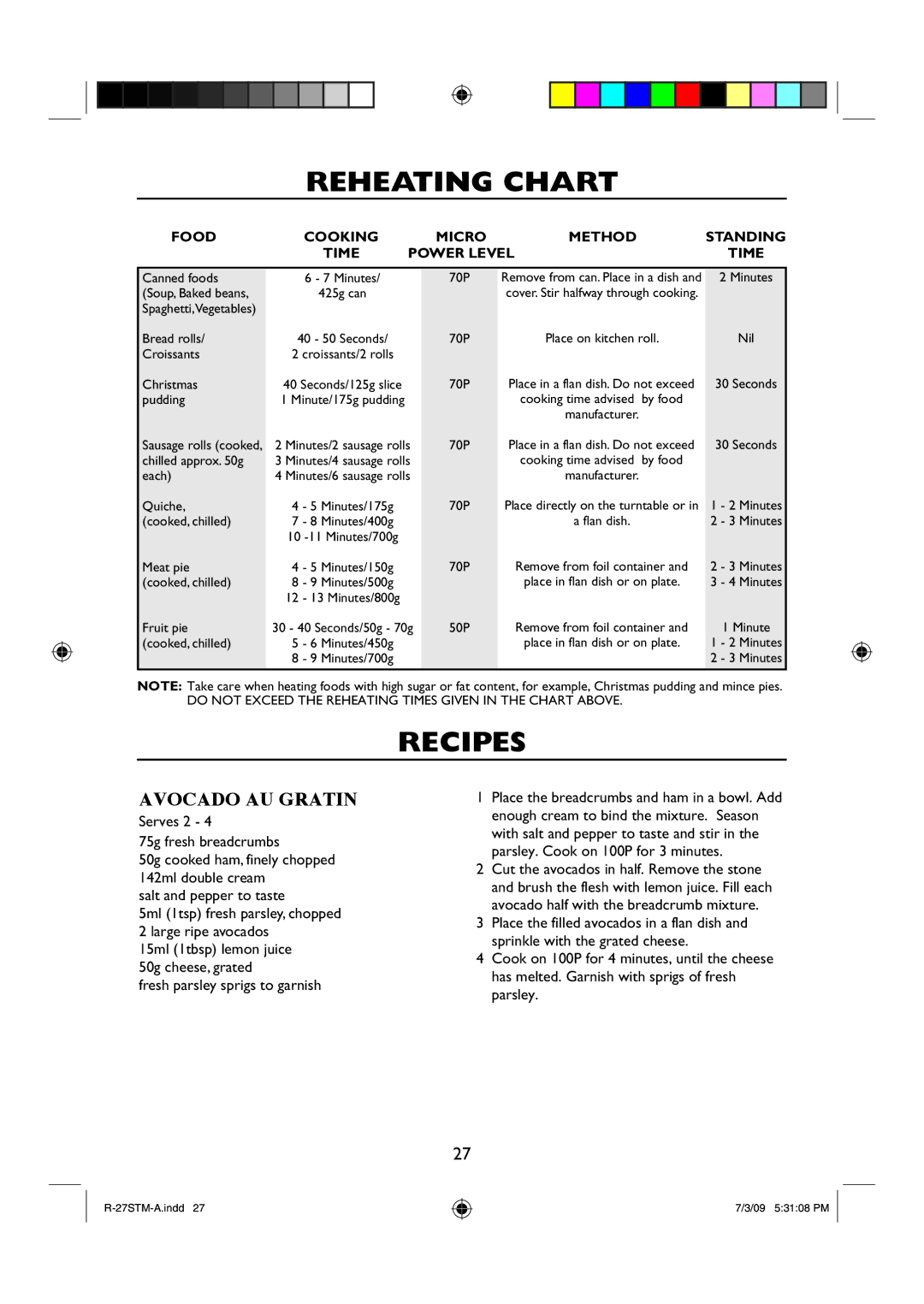 Sharp R-27STM-A manual Reheating Chart, Recipes, Avocado AU Gratin 