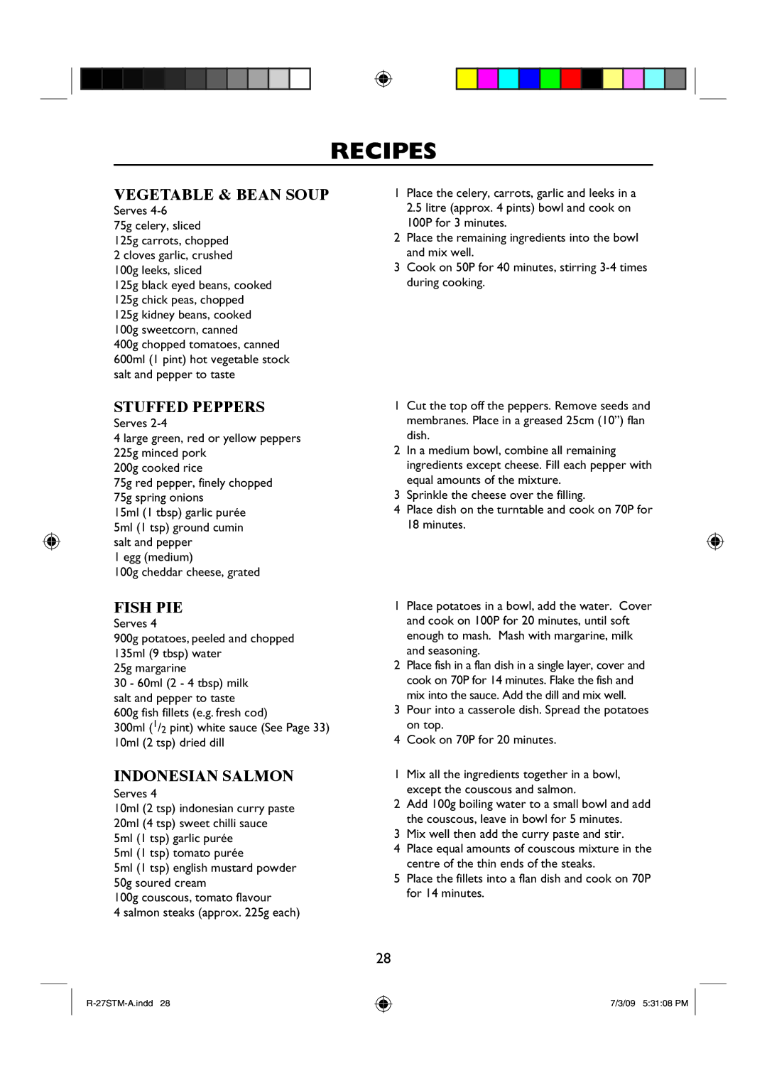 Sharp R-27STM-A manual Vegetable & Bean Soup, Stuffed Peppers, Fish PIE, Indonesian Salmon 