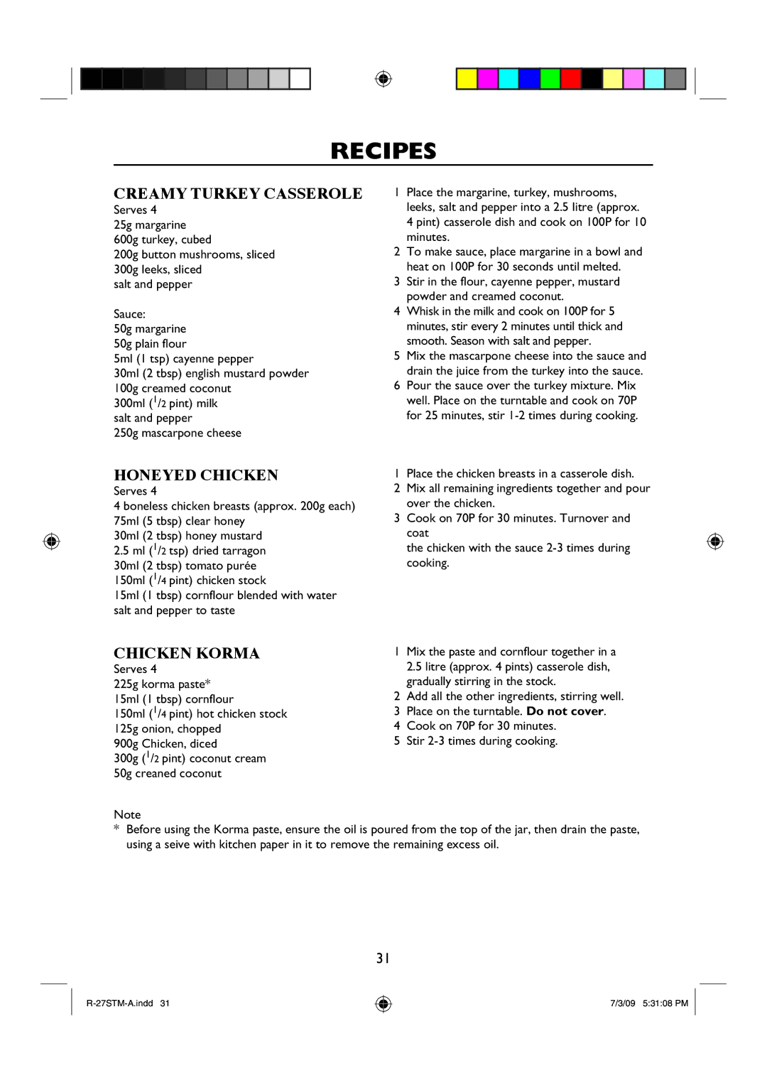 Sharp R-27STM-A manual Creamy Turkey Casserole, Honeyed Chicken, Chicken Korma 