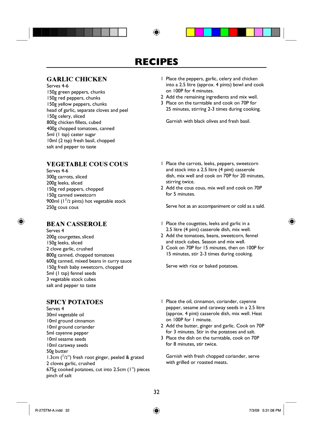 Sharp R-27STM-A manual Garlic Chicken, Vegetable Cous Cous, Bean Casserole, Spicy Potatoes 