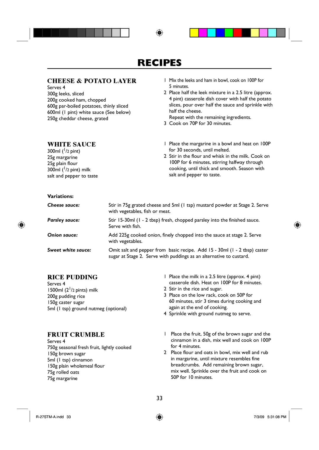 Sharp R-27STM-A manual Cheese & Potato Layer, White Sauce, Rice Pudding, Fruit Crumble, Variations 