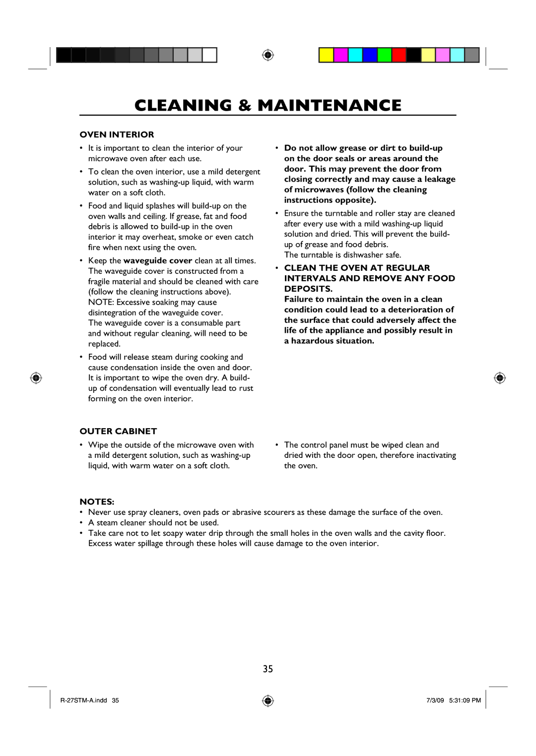 Sharp R-27STM-A manual Cleaning & Maintenance, Oven Interior, Outer Cabinet 