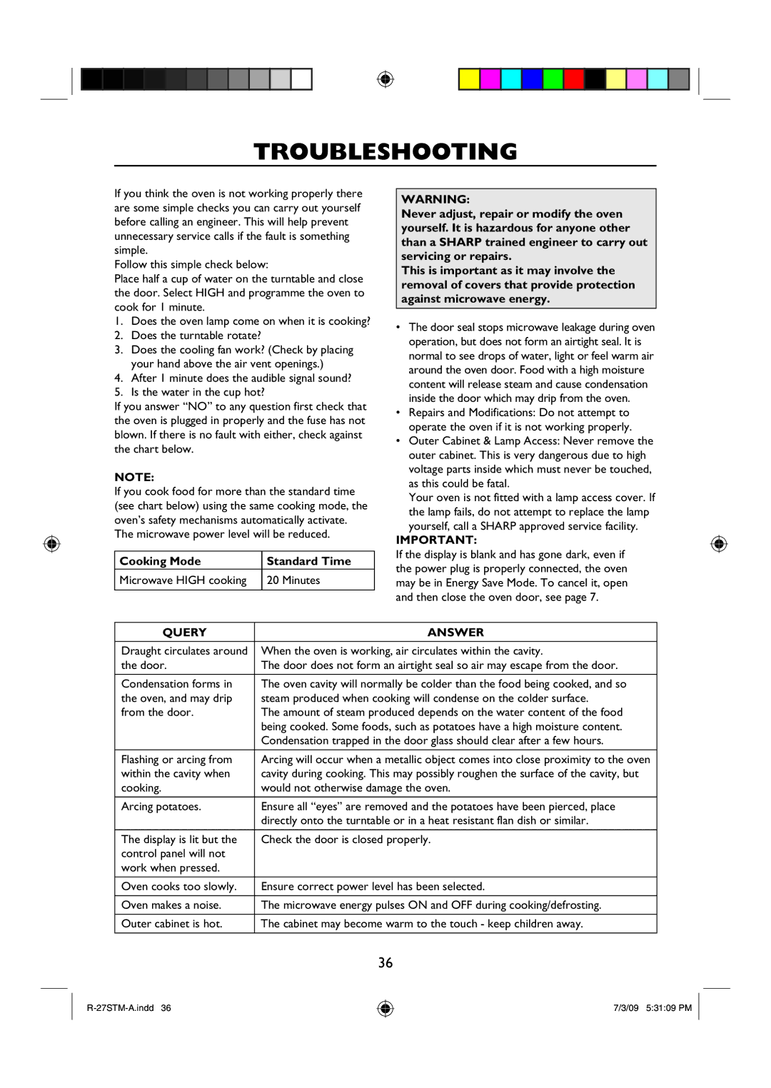 Sharp R-27STM-A manual Troubleshooting, Query Answer 