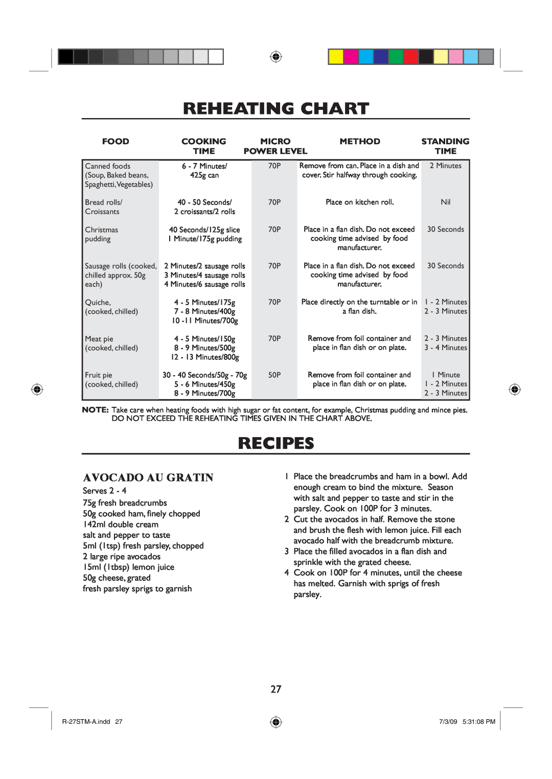 Sharp R-27STM-A Reheating Chart, Recipes, Avocado Au Gratin, Food, Cooking, Micro, Method, Standing, Time, Power Level 