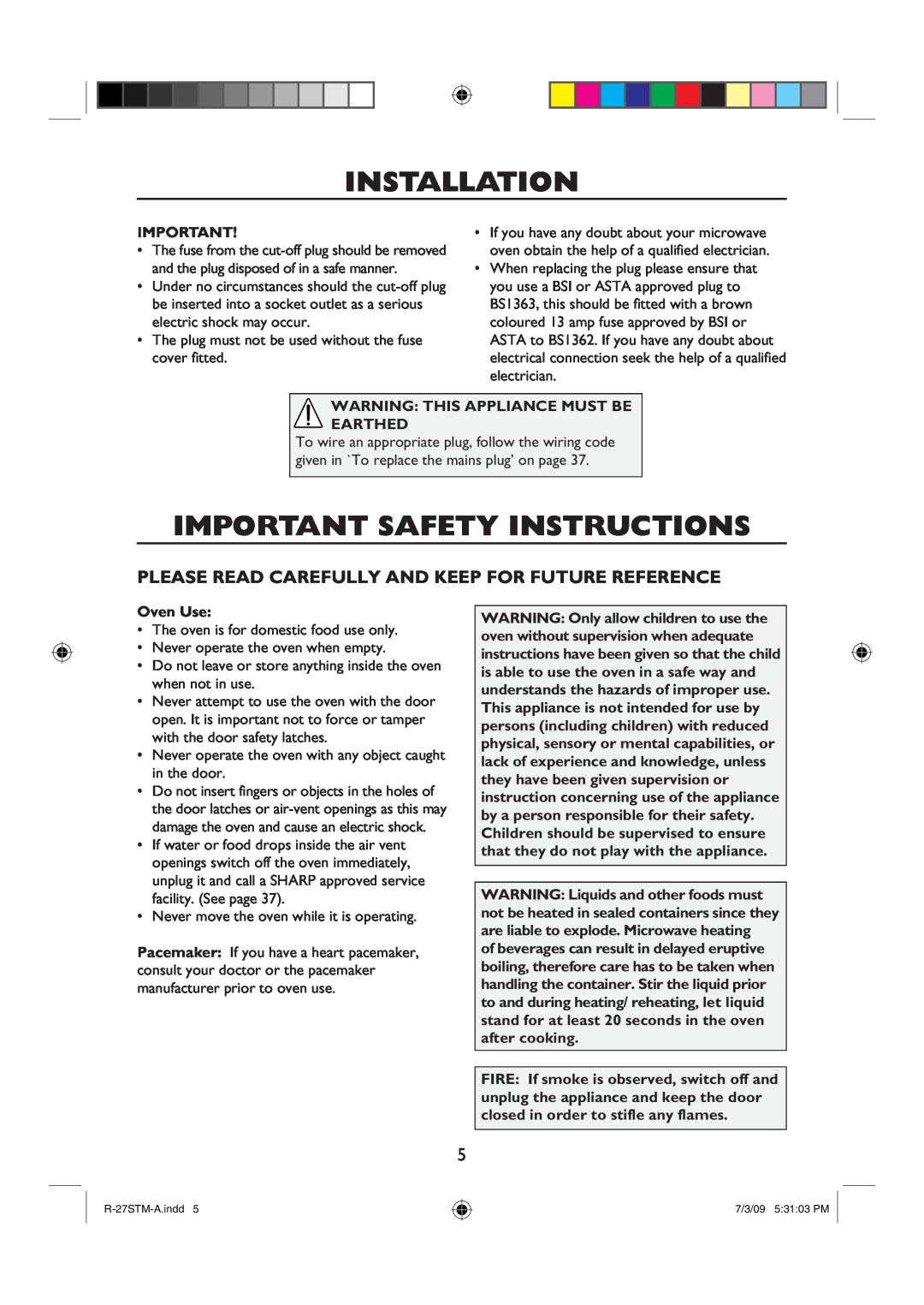 Sharp R-27STM-A Important Safety Instructions, Please Read Carefully And Keep For Future Reference, Oven Use, Installation 
