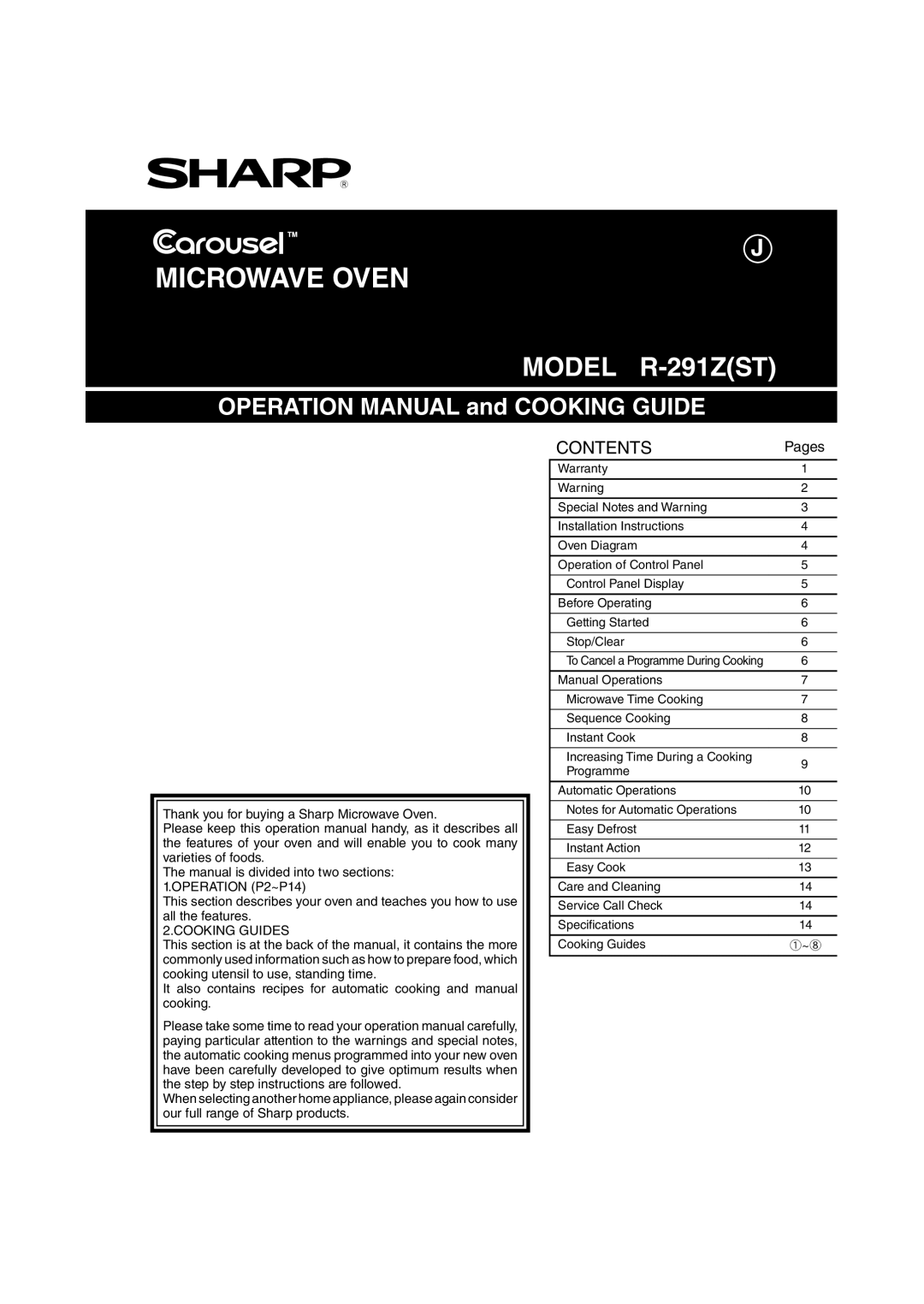 Sharp R-291Z (ST) operation manual Microwave Oven 